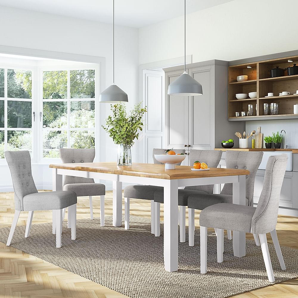 Highbury Extending Dining Table & 8 Bewley Chairs, Natural Oak Finish & White Solid Hardwood, Light Grey Classic Linen-Weave Fabric, 150-200cm