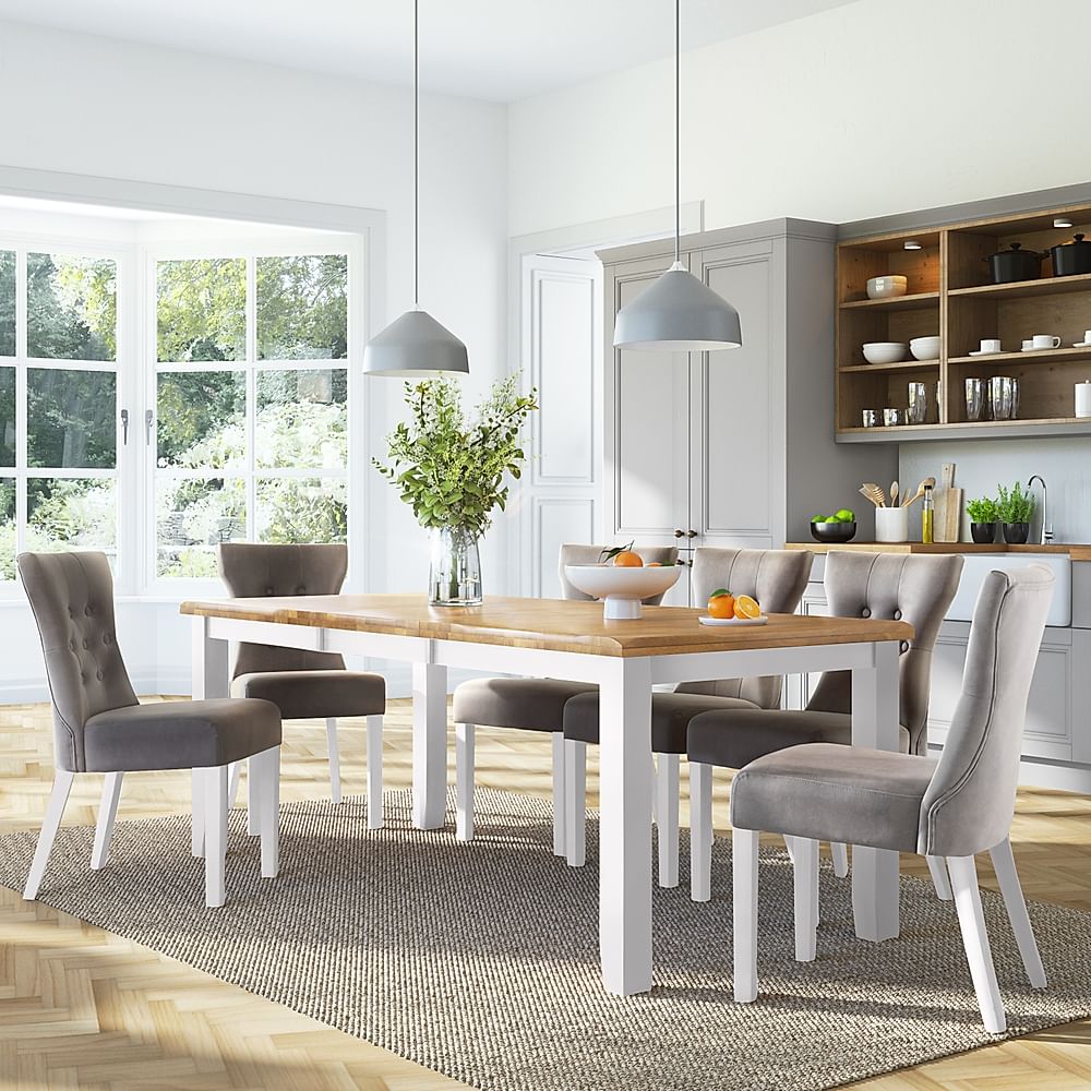 Highbury Extending Dining Table & 4 Bewley Chairs, Natural Oak Finish & White Solid Hardwood, Grey Classic Velvet, 150-200cm