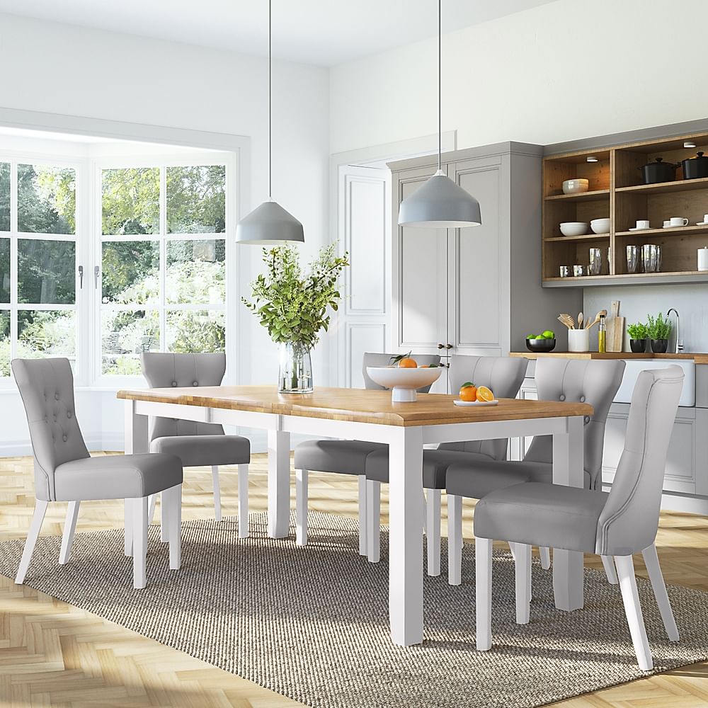 Highbury Extending Dining Table & 4 Bewley Chairs, Natural Oak Finish & White Solid Hardwood, Light Grey Classic Faux Leather, 150-200cm