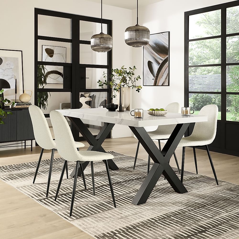 Franklin Dining Table & 4 Brooklyn Dining Chairs, White Marble Effect & Black Steel, Ivory Classic Boucle Fabric, 150cm