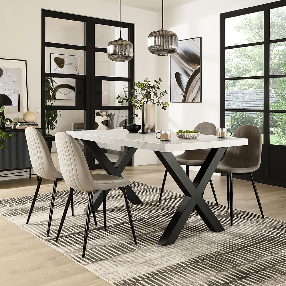 Franklin Dining Table & 4 Brooklyn Dining Chairs, White Marble Effect & Black Steel, Grey Classic Velvet, 150cm