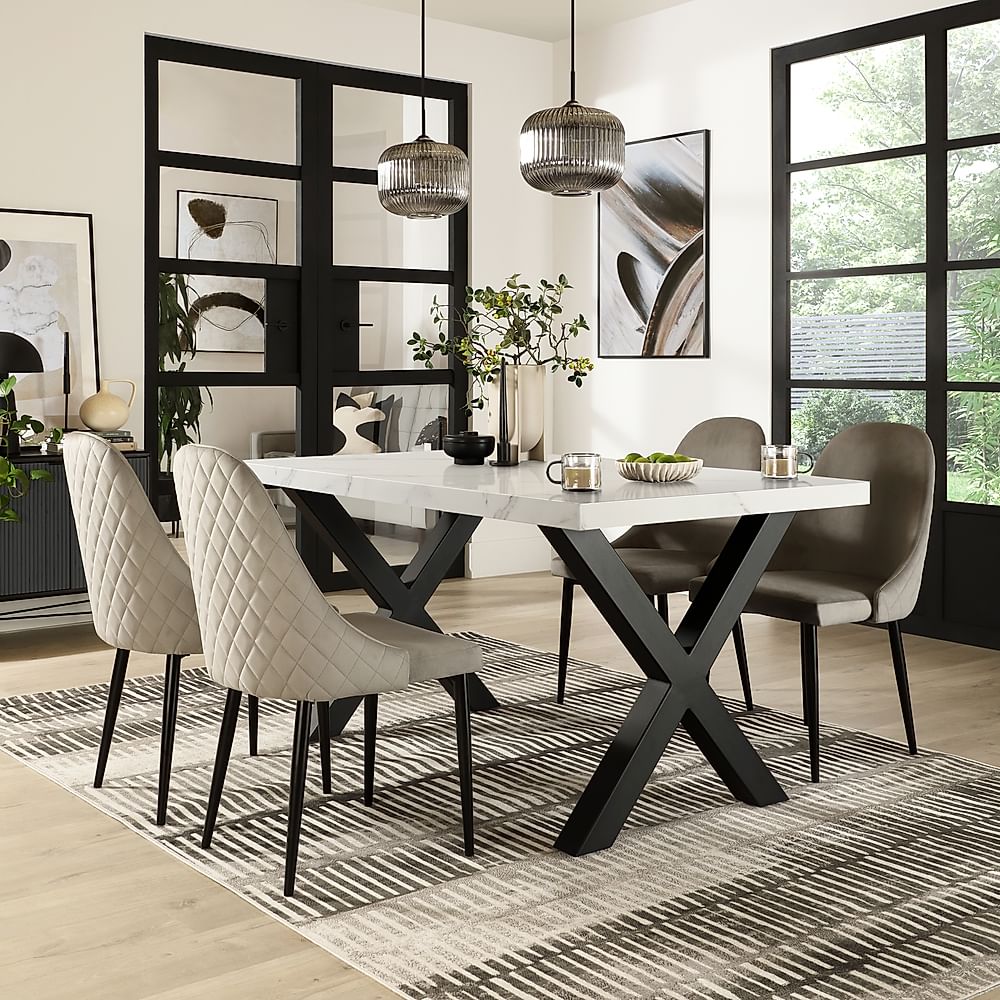 Franklin Dining Table & 4 Ricco Dining Chairs, White Marble Effect & Black Steel, Grey Classic Velvet, 150cm