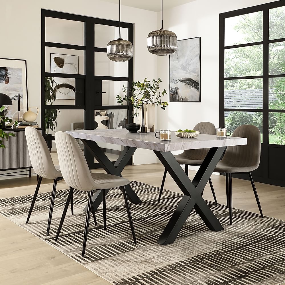 Franklin Dining Table & 4 Brooklyn Dining Chairs, Grey Marble Effect & Black Steel, Grey Classic Velvet, 150cm