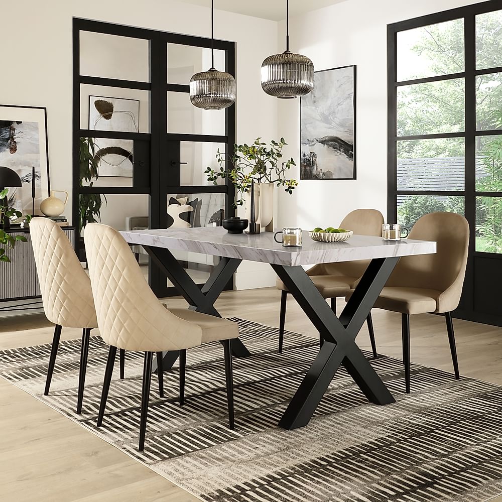 Franklin Dining Table & 4 Ricco Dining Chairs, Grey Marble Effect & Black Steel, Champagne Classic Velvet, 150cm