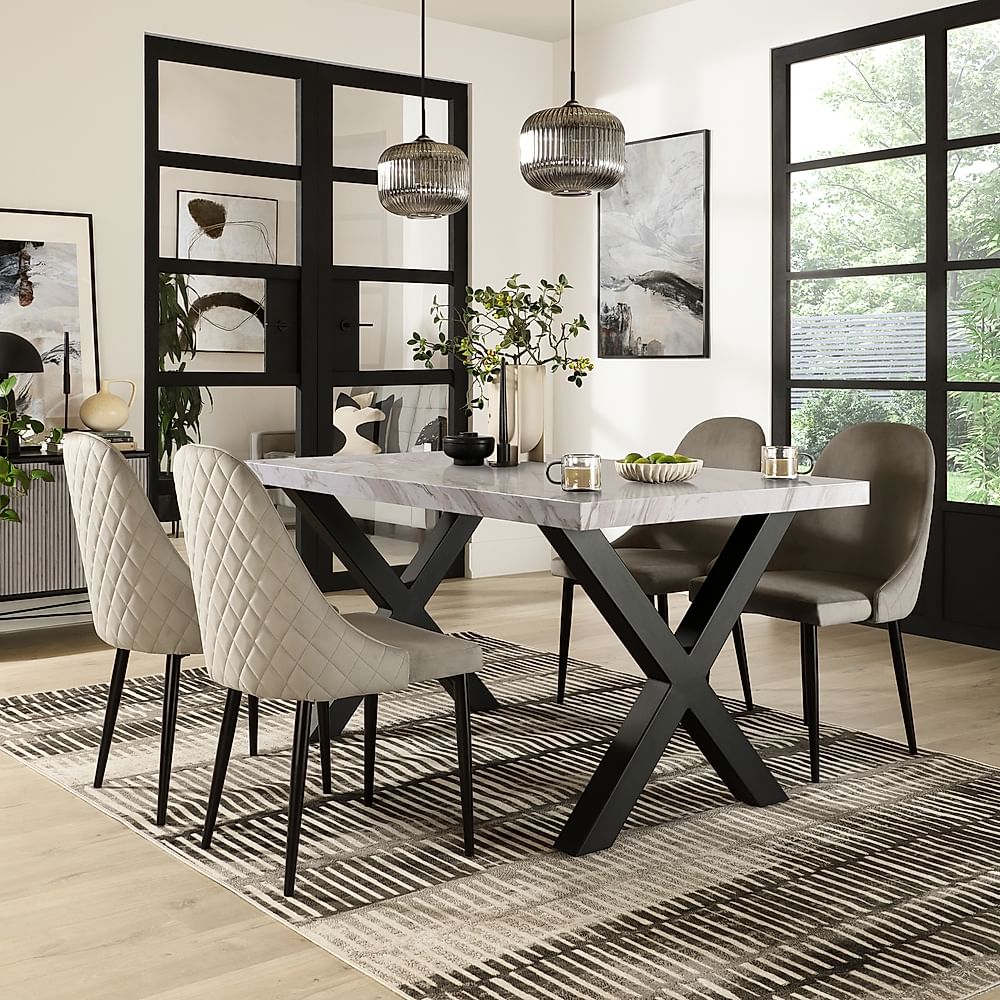 Franklin Dining Table & 4 Ricco Dining Chairs, Grey Marble Effect & Black Steel, Grey Classic Velvet, 150cm