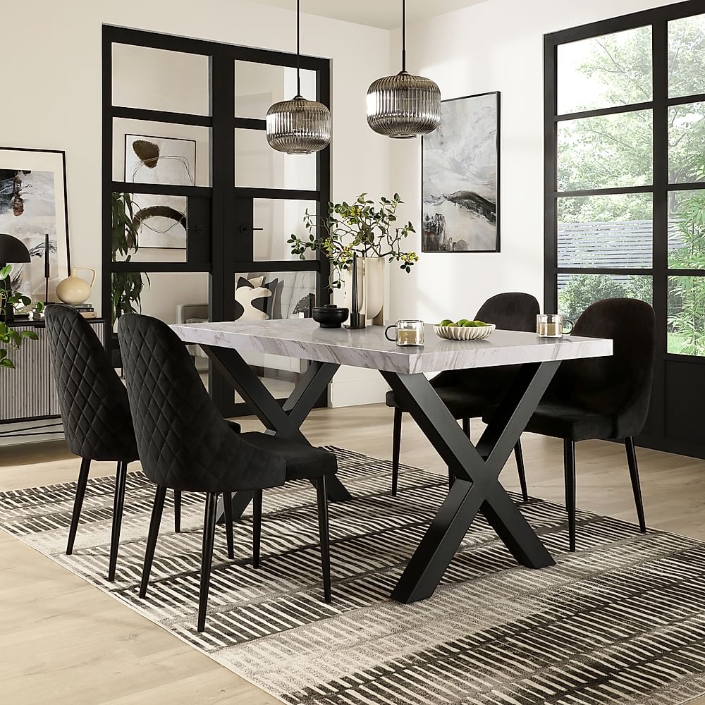 Franklin Dining Table & 4 Ricco Dining Chairs, Grey Marble Effect & Black Steel, Black Classic Velvet, 150cm