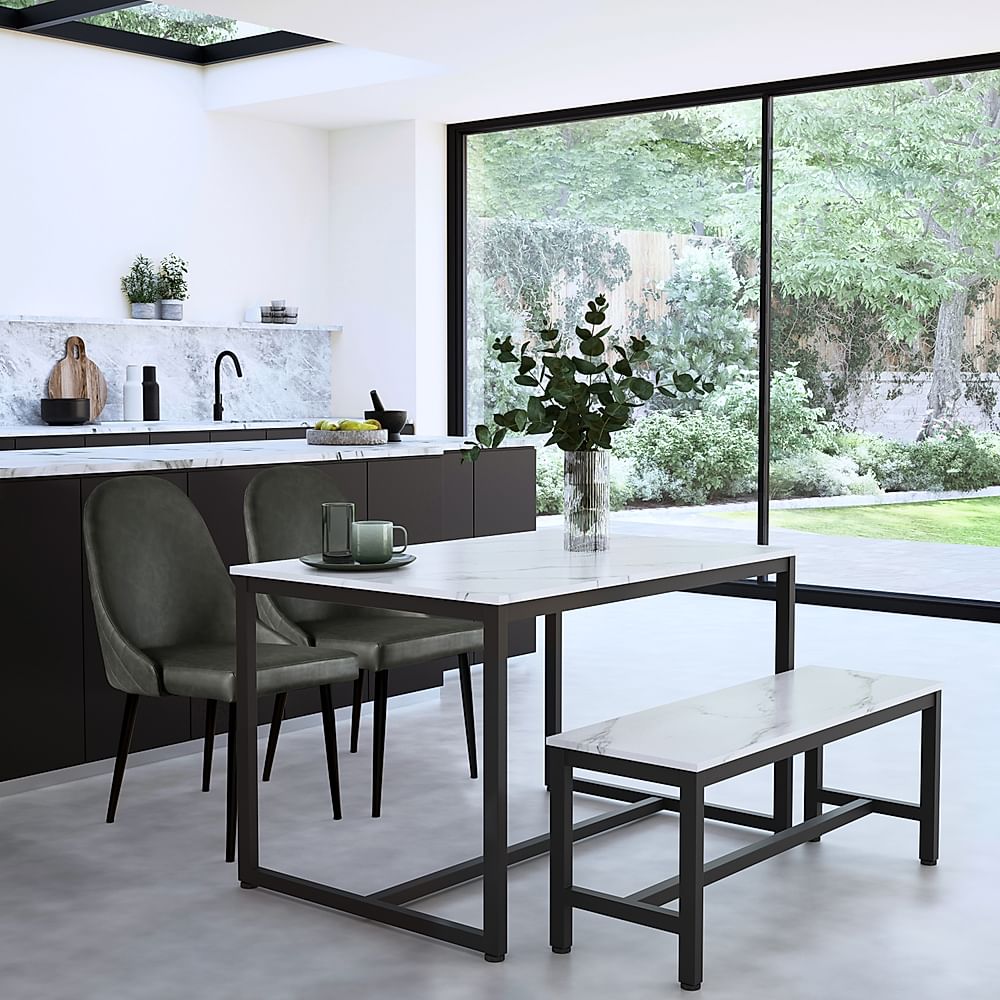 Avenue Dining Table, Bench & 2 Ricco Chairs, White Marble Effect & Black Steel, Vintage Grey Premium Faux Leather, 120cm