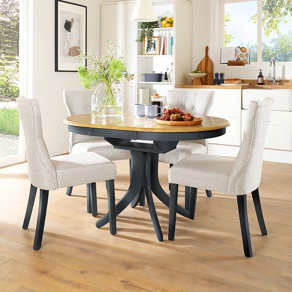 Hudson Round Extending Dining Table & 4 Bewley Chairs, Natural Oak Finish & Slate Blue Solid Hardwood, Oatmeal Classic Linen-Weave Fabric, 90-120cm