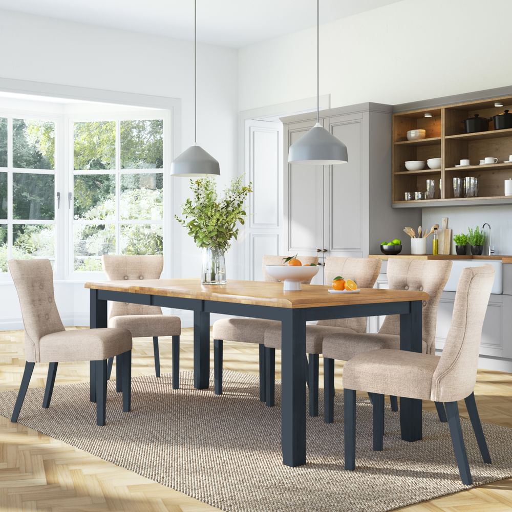 Highbury Extending Dining Table & 4 Bewley Chairs, Natural Oak Finish & Slate Blue Solid Hardwood, Oatmeal Classic Linen-Weave Fabric, 150-200cm