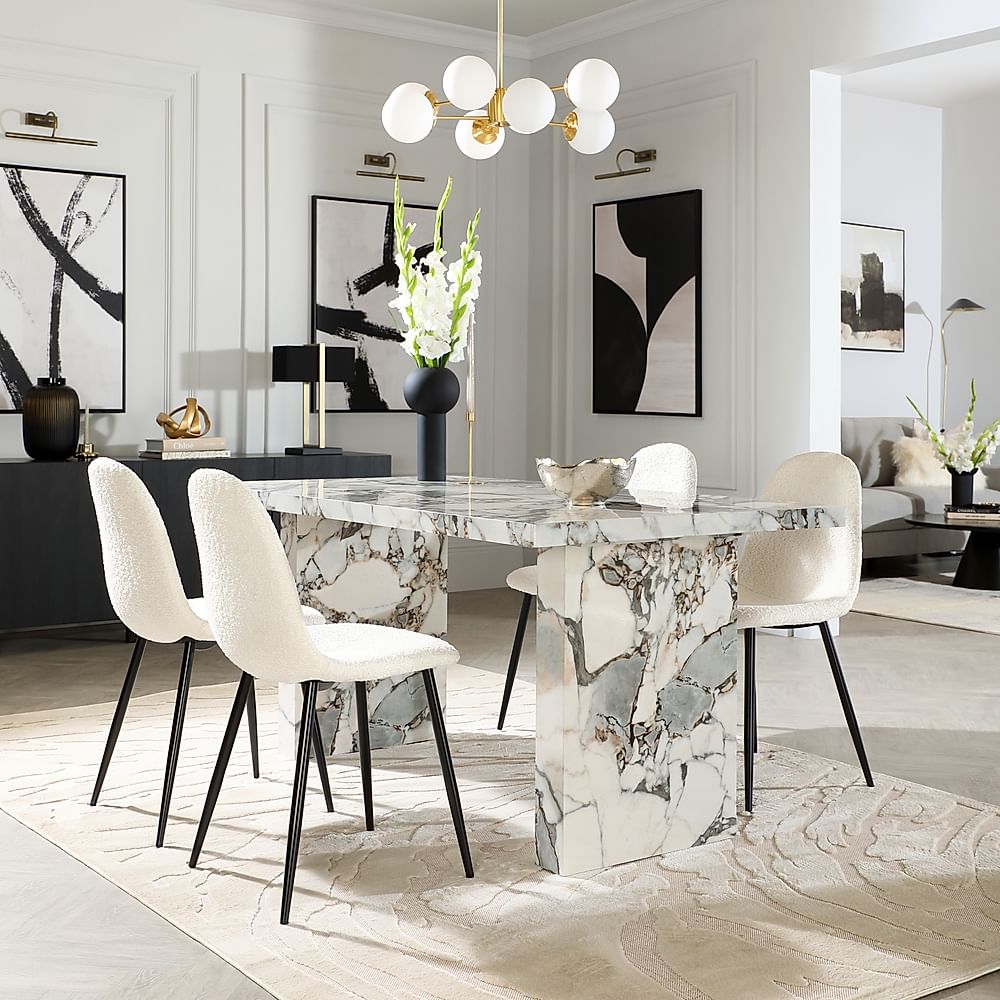 Caserta Dining Table & 4 Brooklyn Dining Chairs, Calacatta Viola Marble Effect, Ivory Classic Boucle Fabric & Black Steel, 160cm