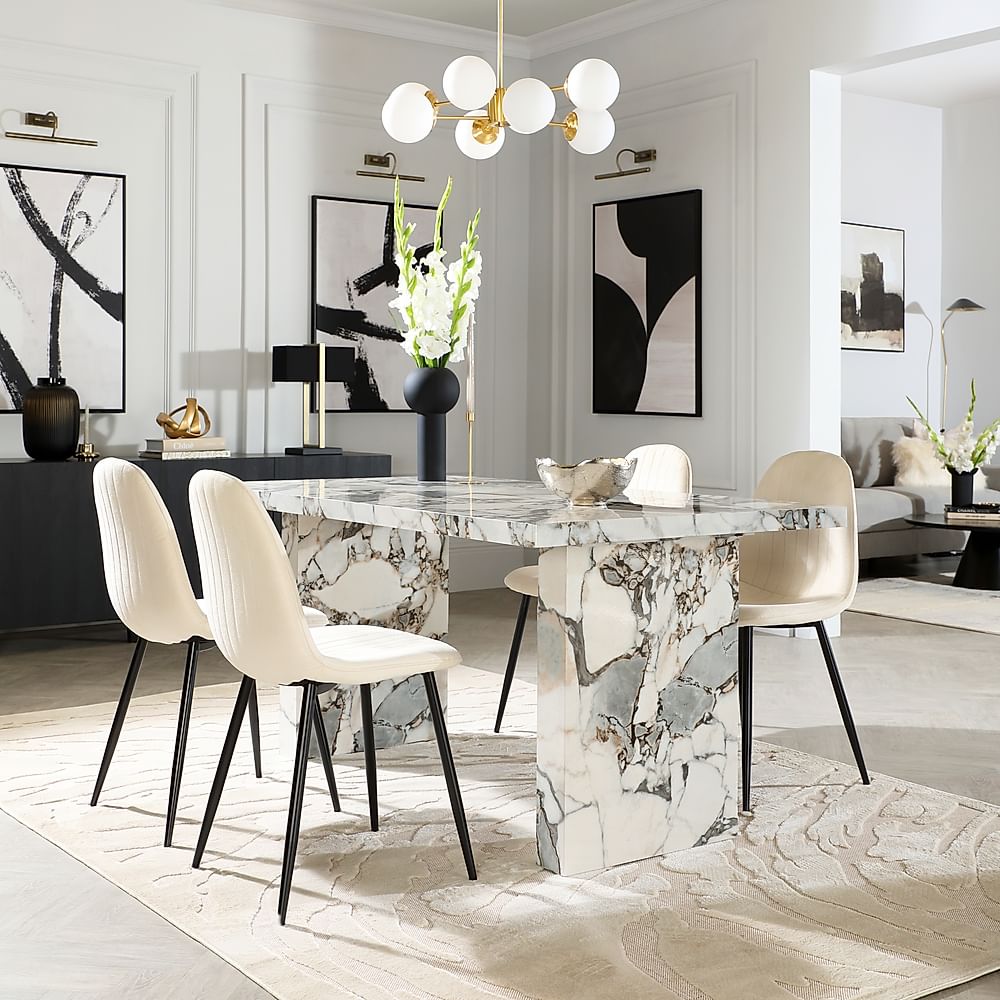 Caserta Dining Table & 4 Brooklyn Dining Chairs, Calacatta Viola Marble Effect, Ivory Classic Plush Fabric & Black Steel, 160cm