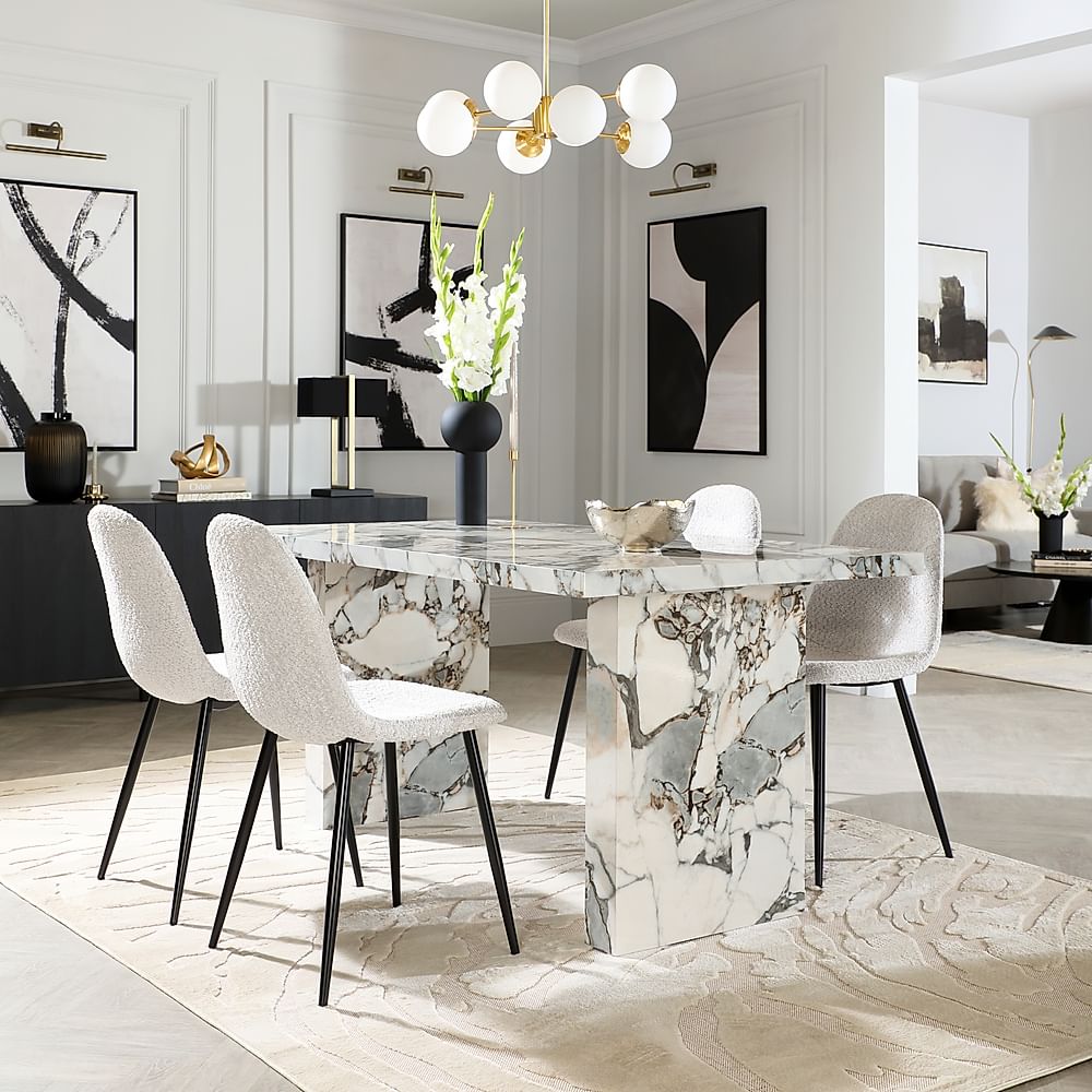 Caserta Dining Table & 4 Brooklyn Dining Chairs, Calacatta Viola Marble Effect, Light Grey Classic Boucle Fabric & Black Steel, 160cm