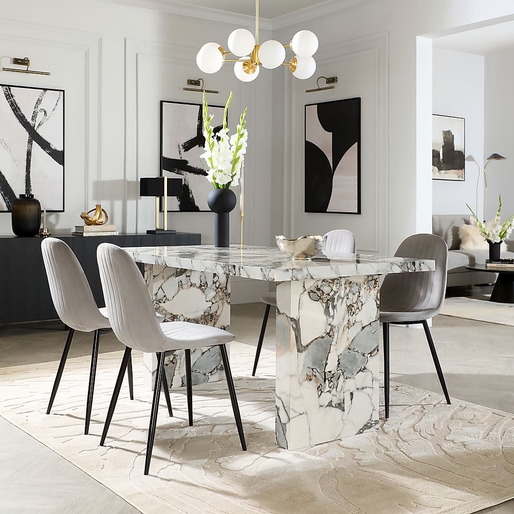 Caserta Dining Table & 4 Brooklyn Dining Chairs, Calacatta Viola Marble Effect, Grey Classic Velvet & Black Steel, 160cm