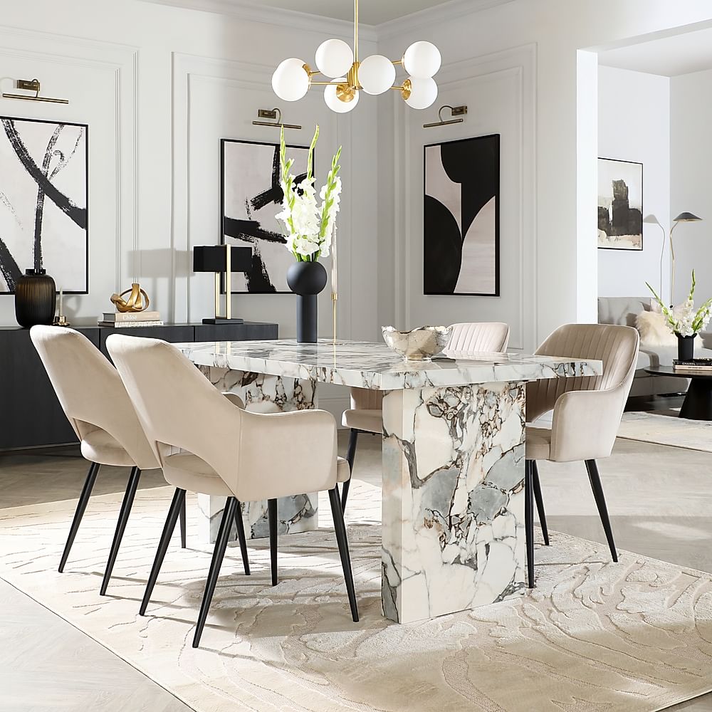 Caserta Dining Table & 4 Clara Dining Chairs, Calacatta Viola Marble Effect, Champagne Classic Velvet & Black Steel, 160cm