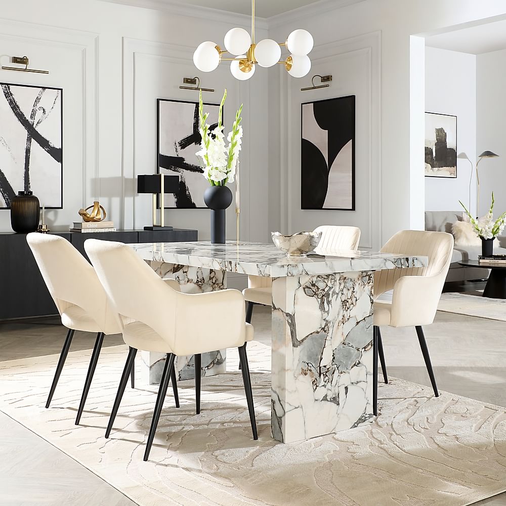 Caserta Dining Table & 4 Clara Dining Chairs, Calacatta Viola Marble Effect, Ivory Classic Plush Fabric & Black Steel, 160cm