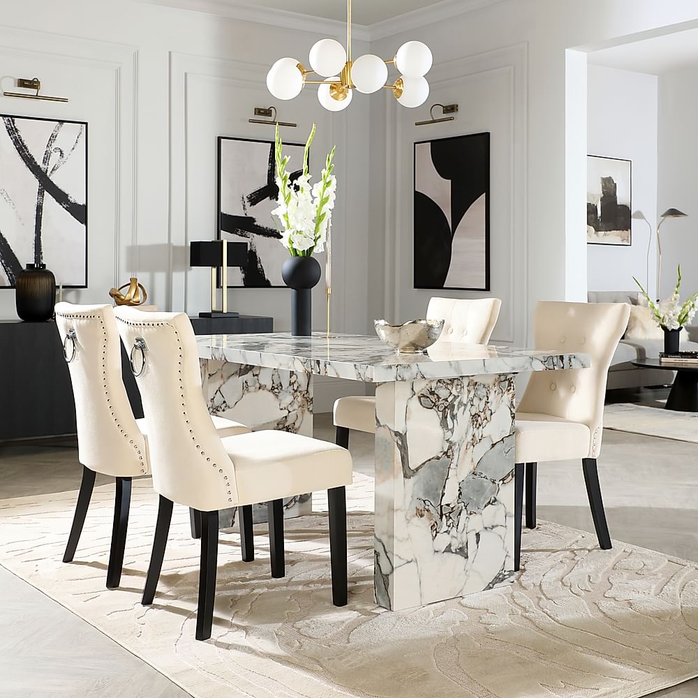 Caserta Dining Table & 4 Kensington Dining Chairs, Calacatta Viola Marble Effect, Ivory Classic Plush Fabric & Black Solid Hardwood, 160cm