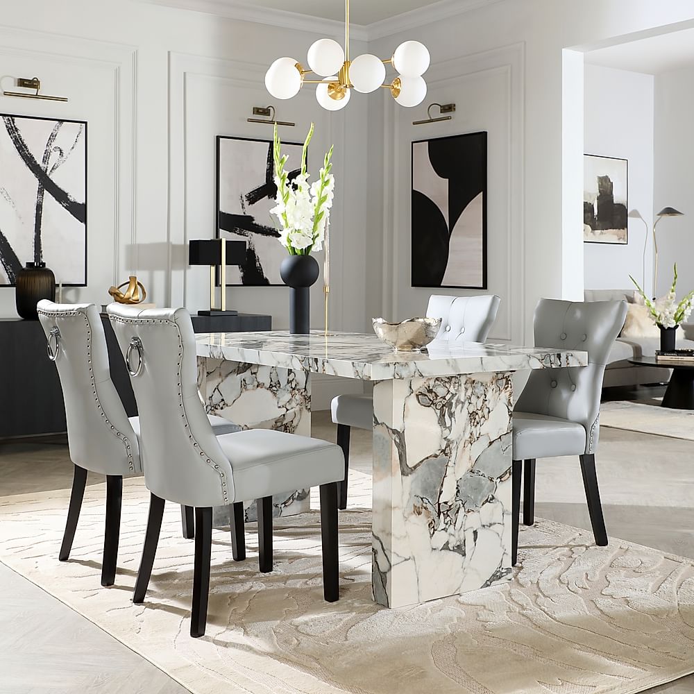 Caserta Dining Table & 4 Kensington Dining Chairs, Calacatta Viola Marble Effect, Light Grey Classic Faux Leather & Black Solid Hardwood, 160cm