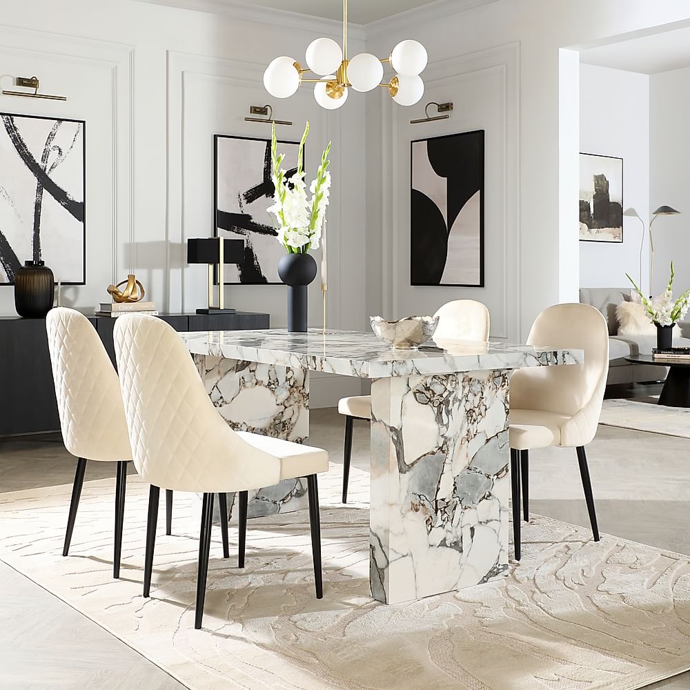 Caserta Dining Table & 4 Ricco Dining Chairs, Calacatta Viola Marble Effect, Ivory Classic Plush Fabric & Black Steel, 160cm