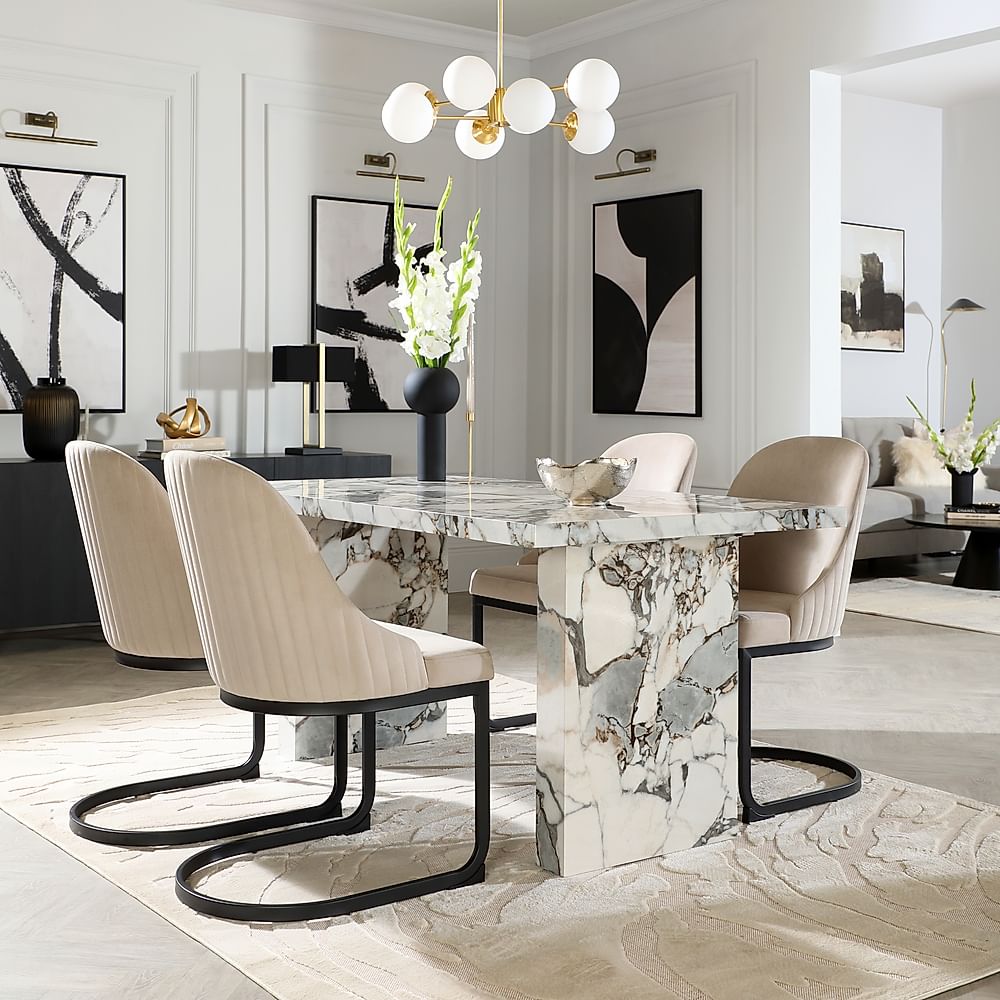 Caserta Dining Table & 4 Riva Dining Chairs, Calacatta Viola Marble Effect, Champagne Classic Velvet & Black Steel, 160cm