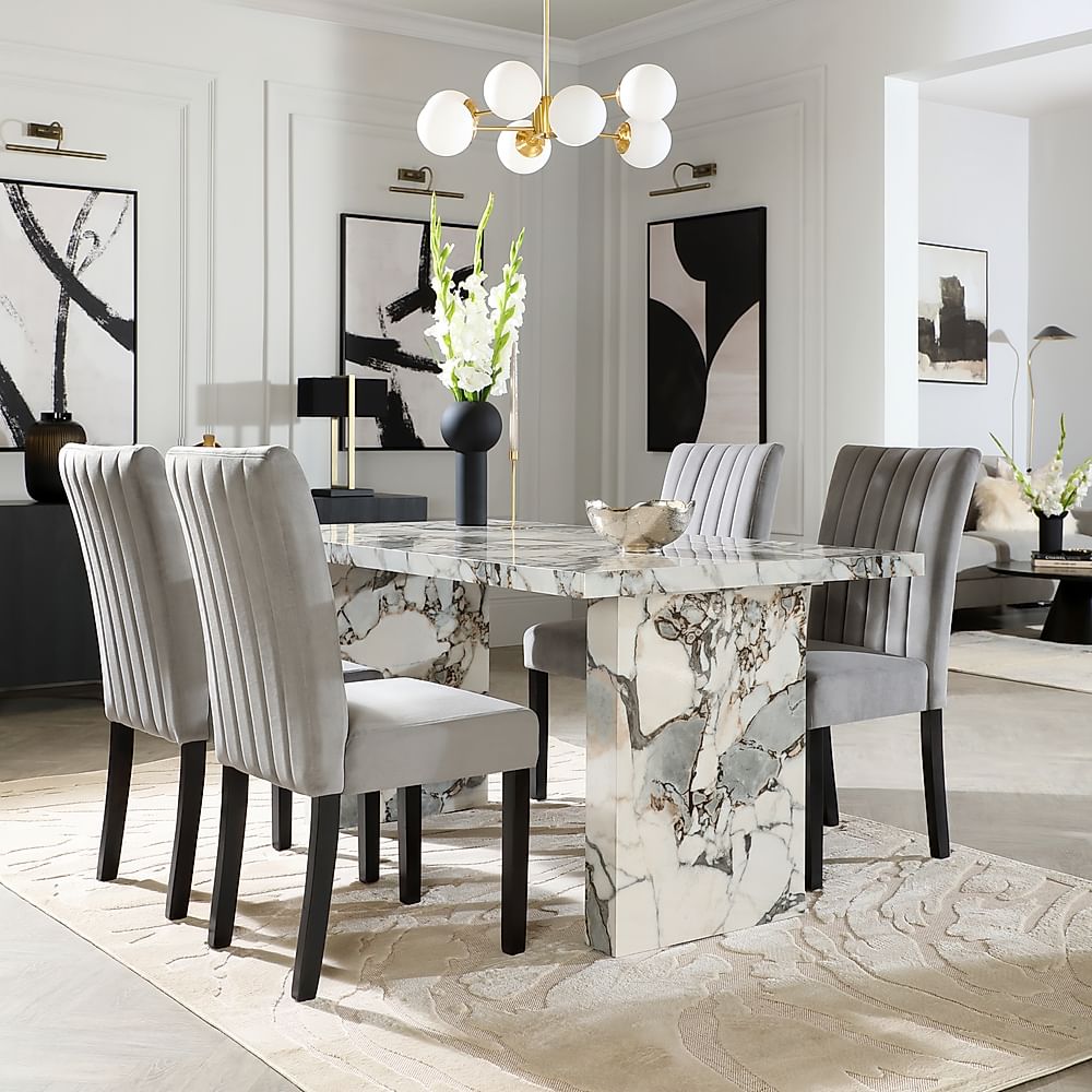 Caserta Dining Table & 4 Salisbury Dining Chairs, Calacatta Viola Marble Effect, Grey Classic Velvet & Black Solid Hardwood, 160cm