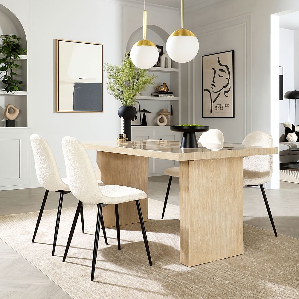 Caserta Dining Table & 4 Brooklyn Dining Chairs, Travertine Stone Effect, Ivory Classic Boucle Fabric & Black Steel, 160cm