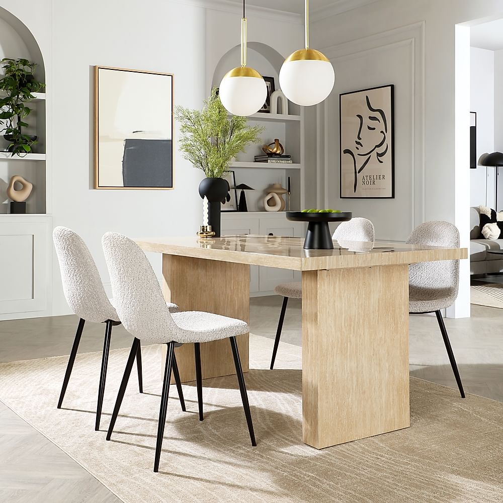 Caserta Dining Table & 4 Brooklyn Dining Chairs, Travertine Stone Effect, Light Grey Classic Boucle Fabric & Black Steel, 160cm