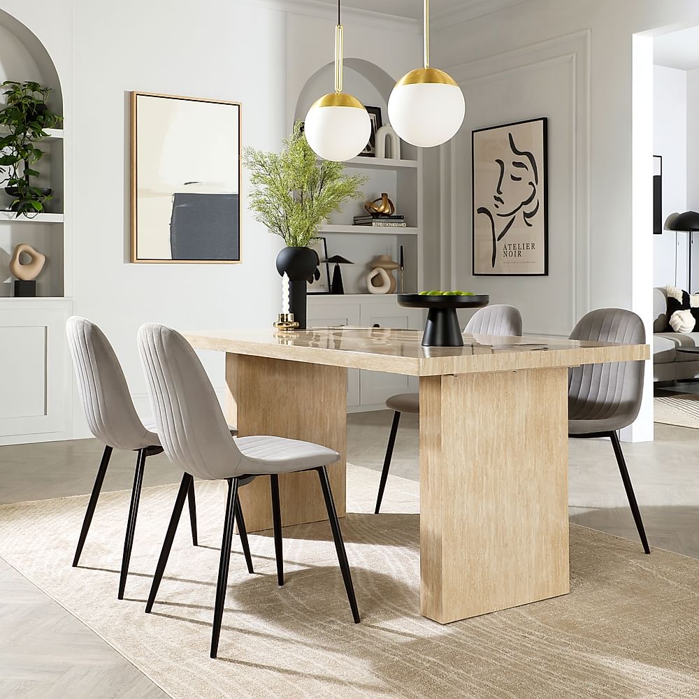 Caserta Dining Table & 4 Brooklyn Dining Chairs, Travertine Stone Effect, Grey Classic Velvet & Black Steel, 160cm