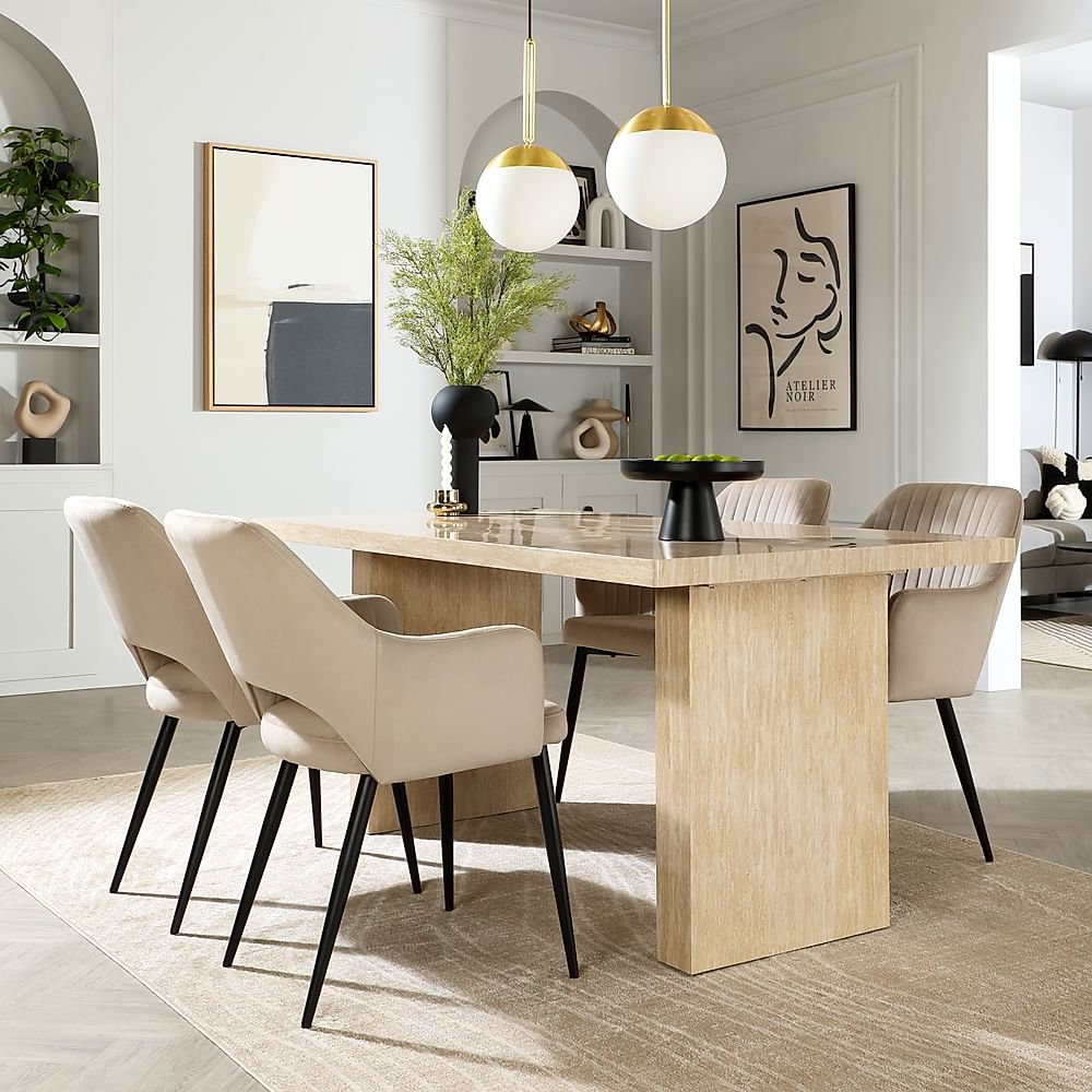 Caserta Dining Table & 4 Clara Dining Chairs, Travertine Stone Effect, Champagne Classic Velvet & Black Steel, 160cm