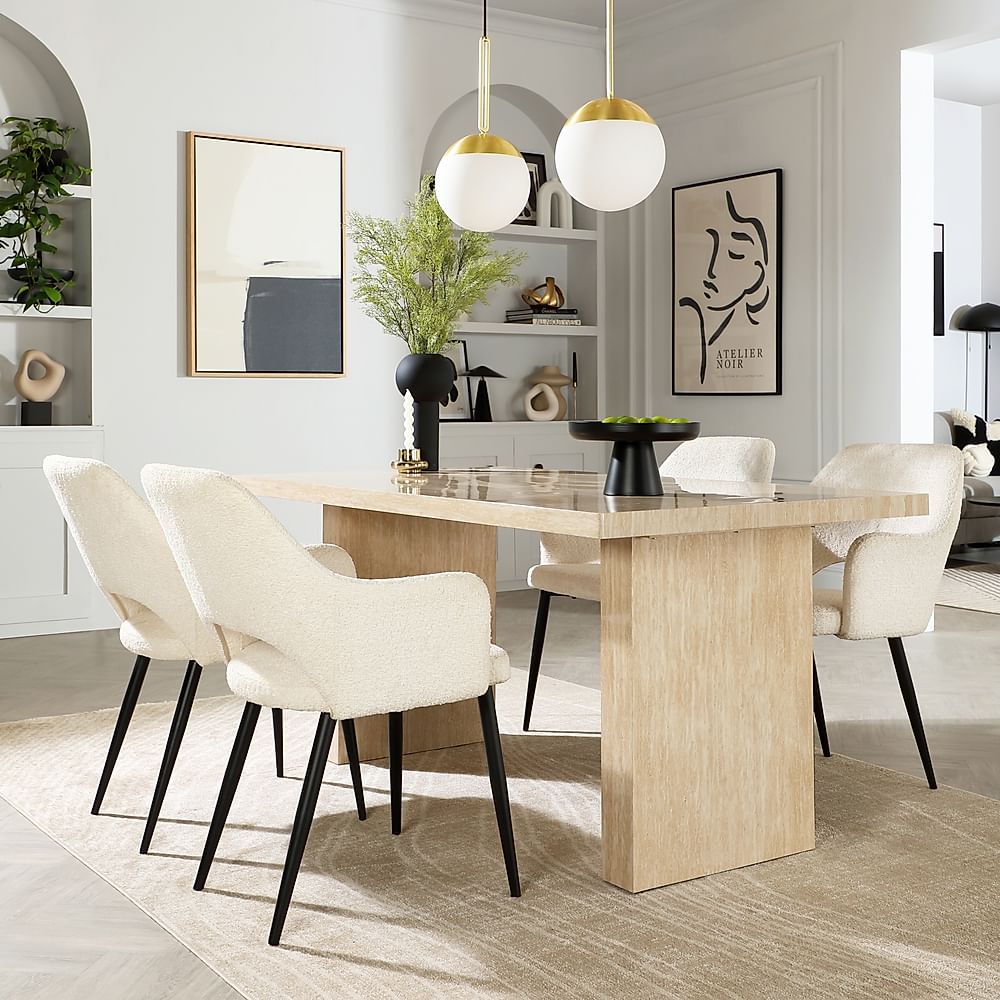 Caserta Dining Table & 4 Clara Dining Chairs, Travertine Stone Effect, Ivory Classic Boucle Fabric & Black Steel, 160cm