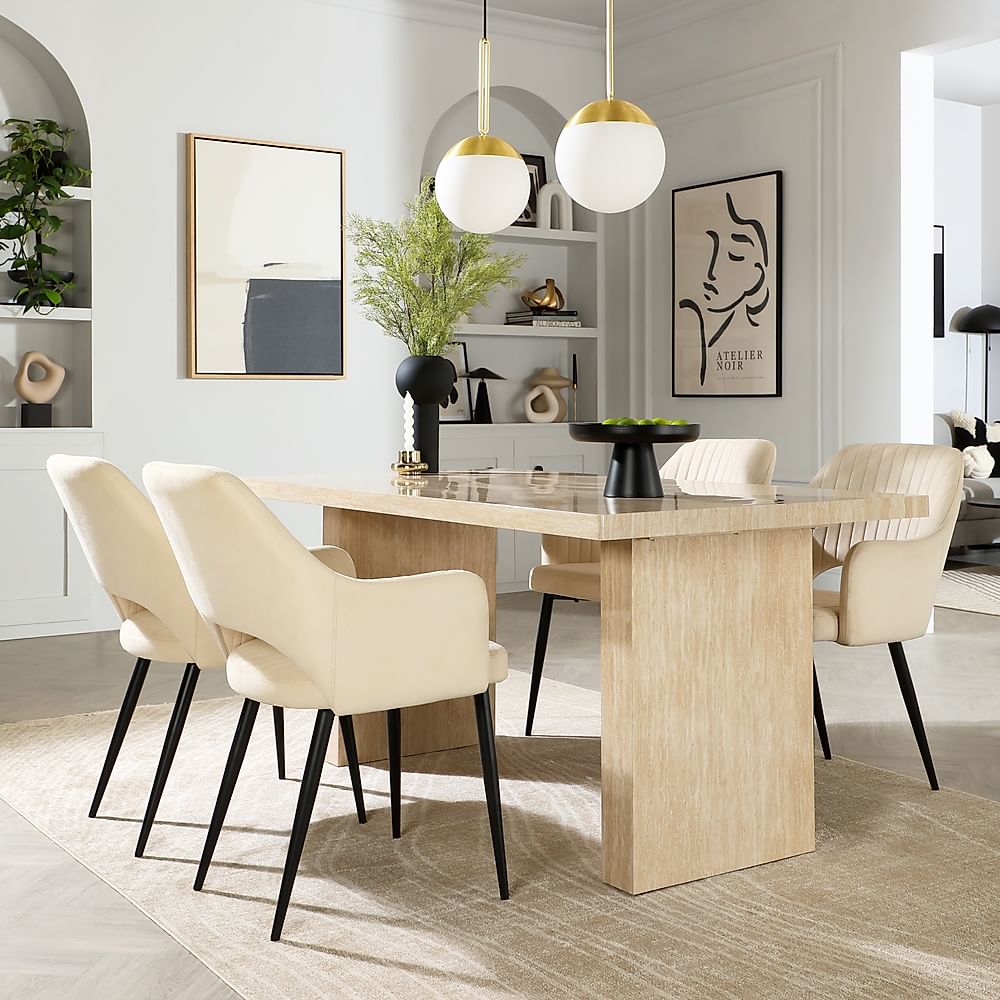 Caserta Dining Table & 4 Clara Dining Chairs, Travertine Stone Effect, Ivory Classic Plush Fabric & Black Steel, 160cm