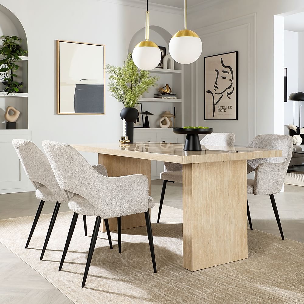 Caserta Dining Table & 4 Clara Dining Chairs, Travertine Stone Effect, Light Grey Classic Boucle Fabric & Black Steel, 160cm