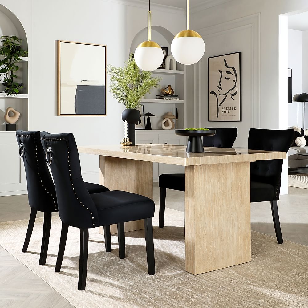 Caserta Dining Table & 4 Kensington Dining Chairs, Travertine Stone Effect, Black Classic Velvet & Black Solid Hardwood, 160cm