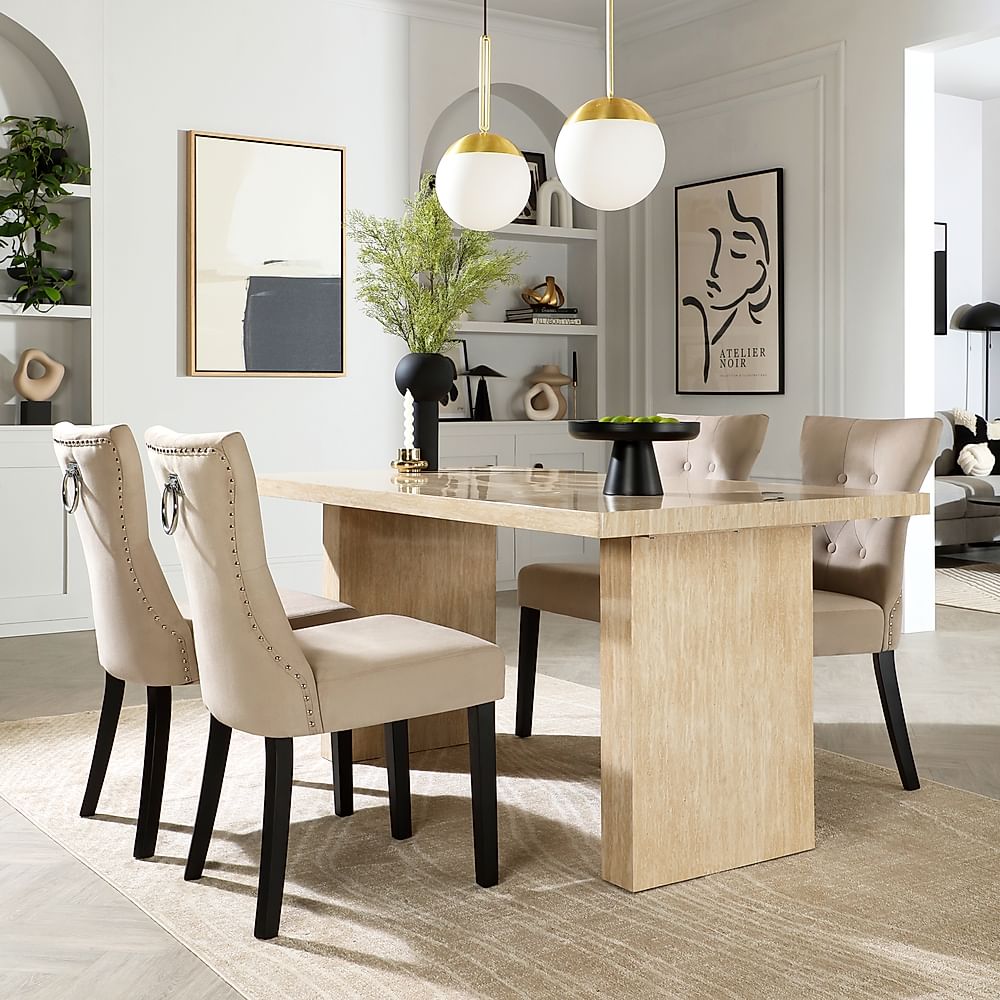 Caserta Dining Table & 4 Kensington Dining Chairs, Travertine Stone Effect, Champagne Classic Velvet & Black Solid Hardwood, 160cm