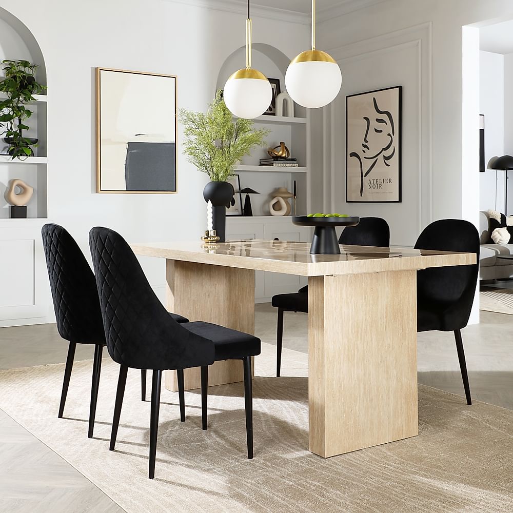 Caserta Dining Table & 4 Ricco Dining Chairs, Travertine Stone Effect, Black Classic Velvet & Black Steel, 160cm