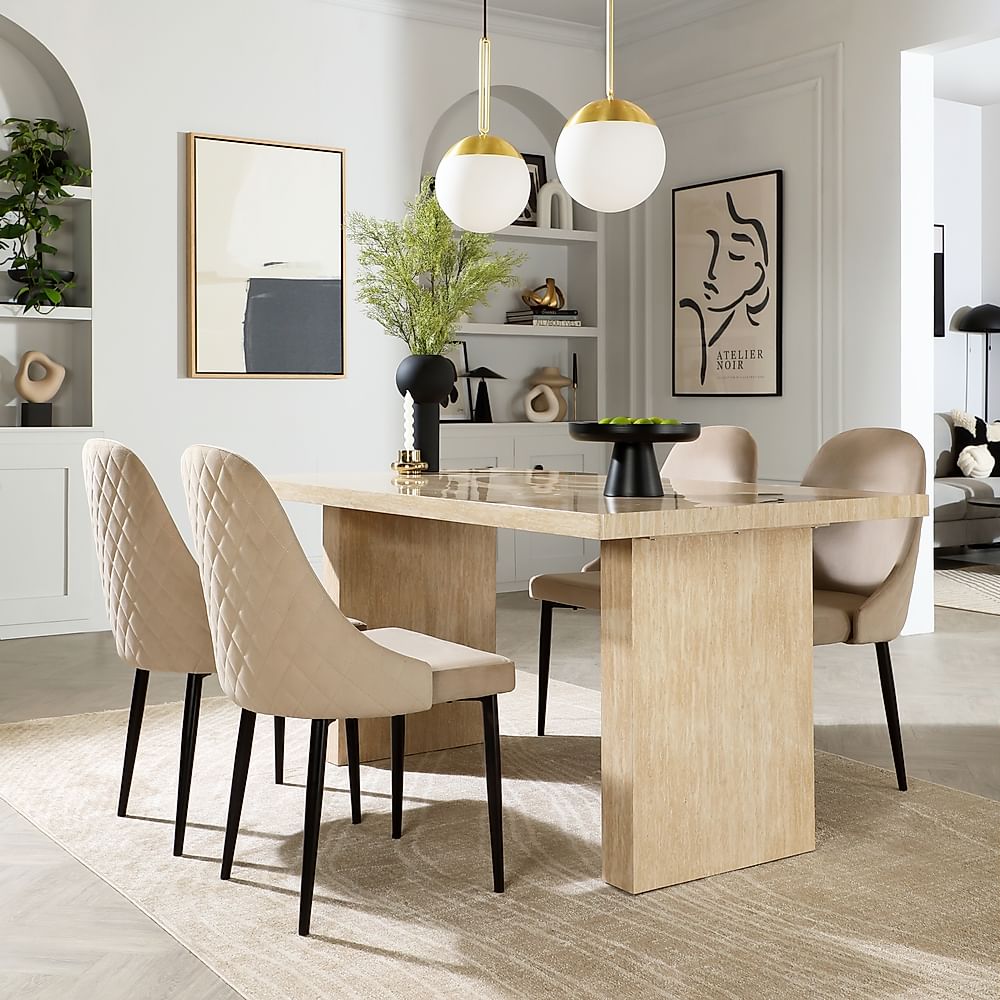 Caserta Dining Table & 4 Ricco Dining Chairs, Travertine Stone Effect, Champagne Classic Velvet & Black Steel, 160cm