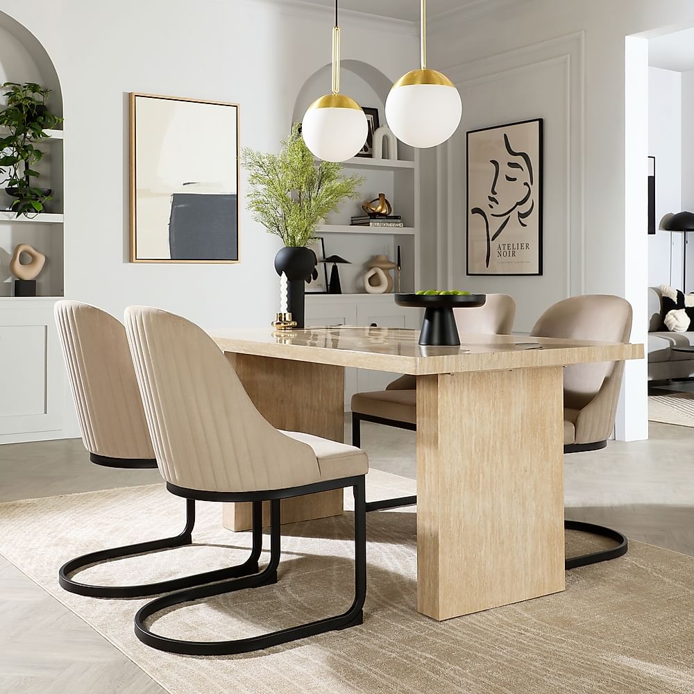 Caserta Dining Table & 4 Riva Dining Chairs, Travertine Stone Effect, Champagne Classic Velvet Black Steel, 160cm