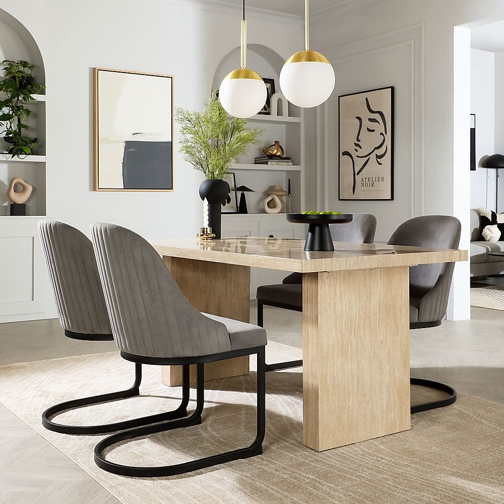 Caserta Dining Table & 4 Riva Dining Chairs, Travertine Stone Effect, Grey Classic Velvet Black Steel, 160cm