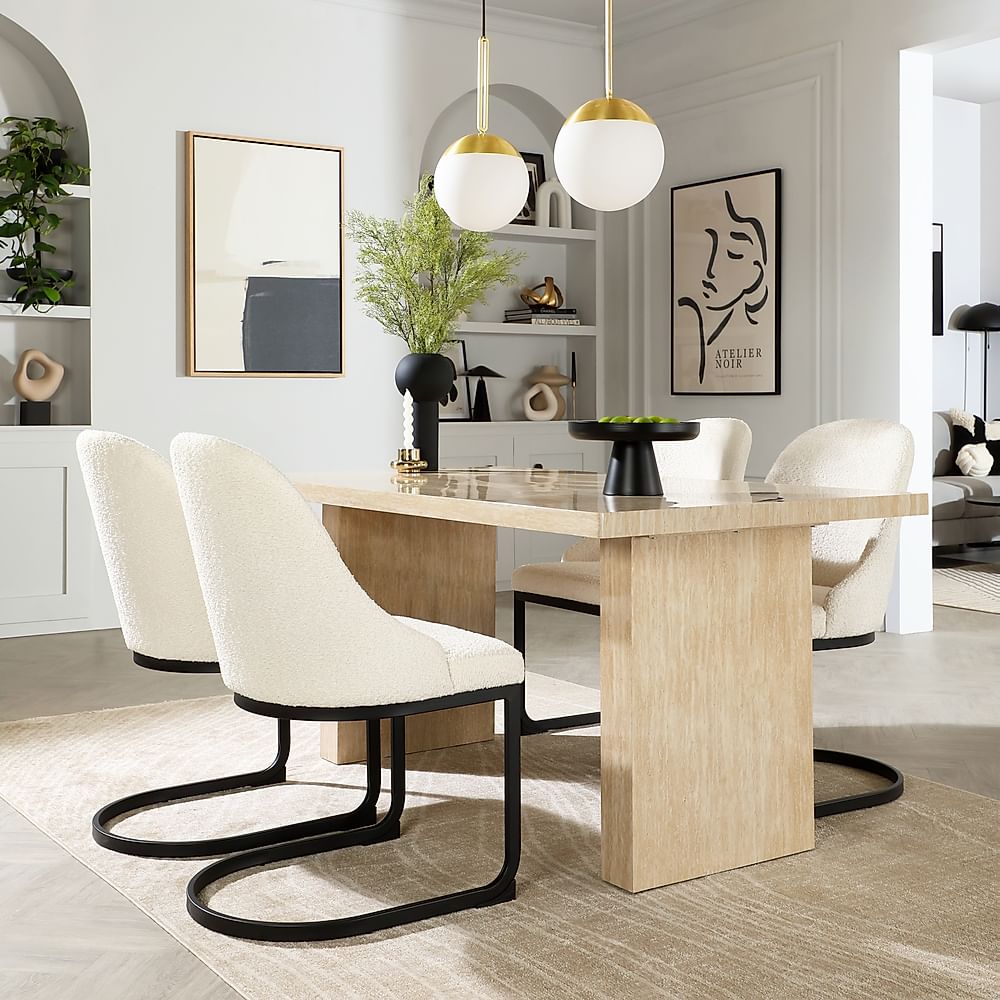 Caserta Dining Table & 4 Riva Dining Chairs, Travertine Stone Effect, Ivory Classic Boucle Fabric & Black Steel, 160cm