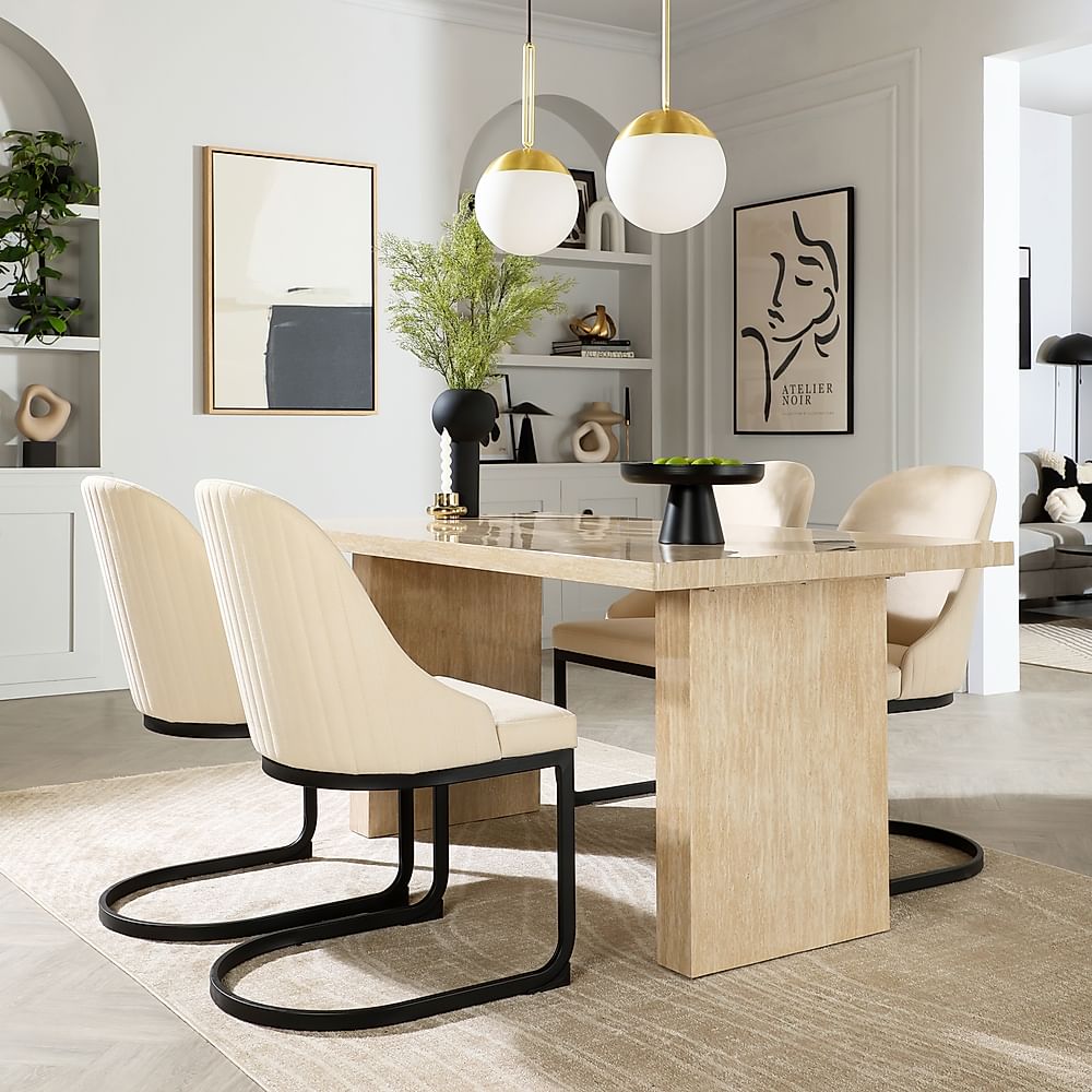 Caserta Dining Table & 4 Riva Dining Chairs, Travertine Stone Effect, Ivory Classic Plush Fabric & Black Steel, 160cm