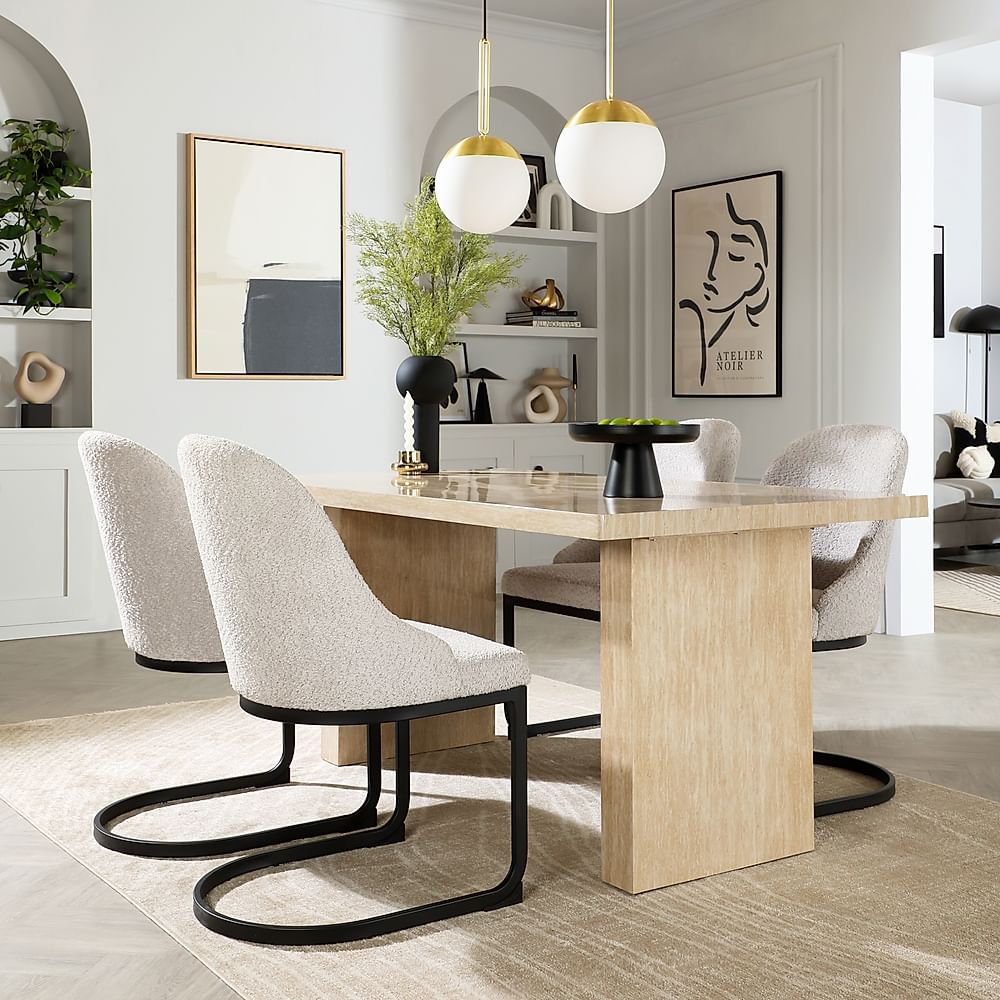 Caserta Dining Table & 4 Riva Dining Chairs, Travertine Stone Effect, Light Grey Classic Boucle Fabric & Black Steel, 160cm