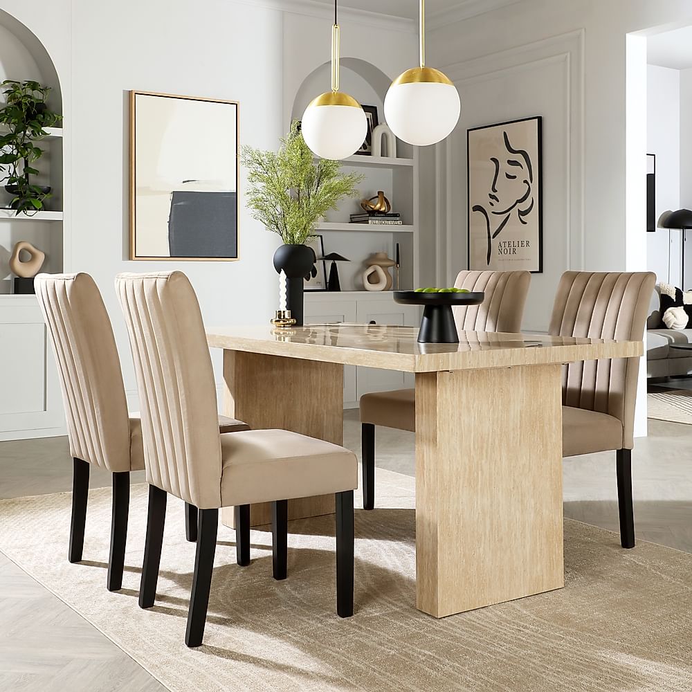 Caserta Dining Table & 4 Salisbury Dining Chairs, Travertine Stone Effect, Champagne Classic Velvet & Black Solid Hardwood, 160cm