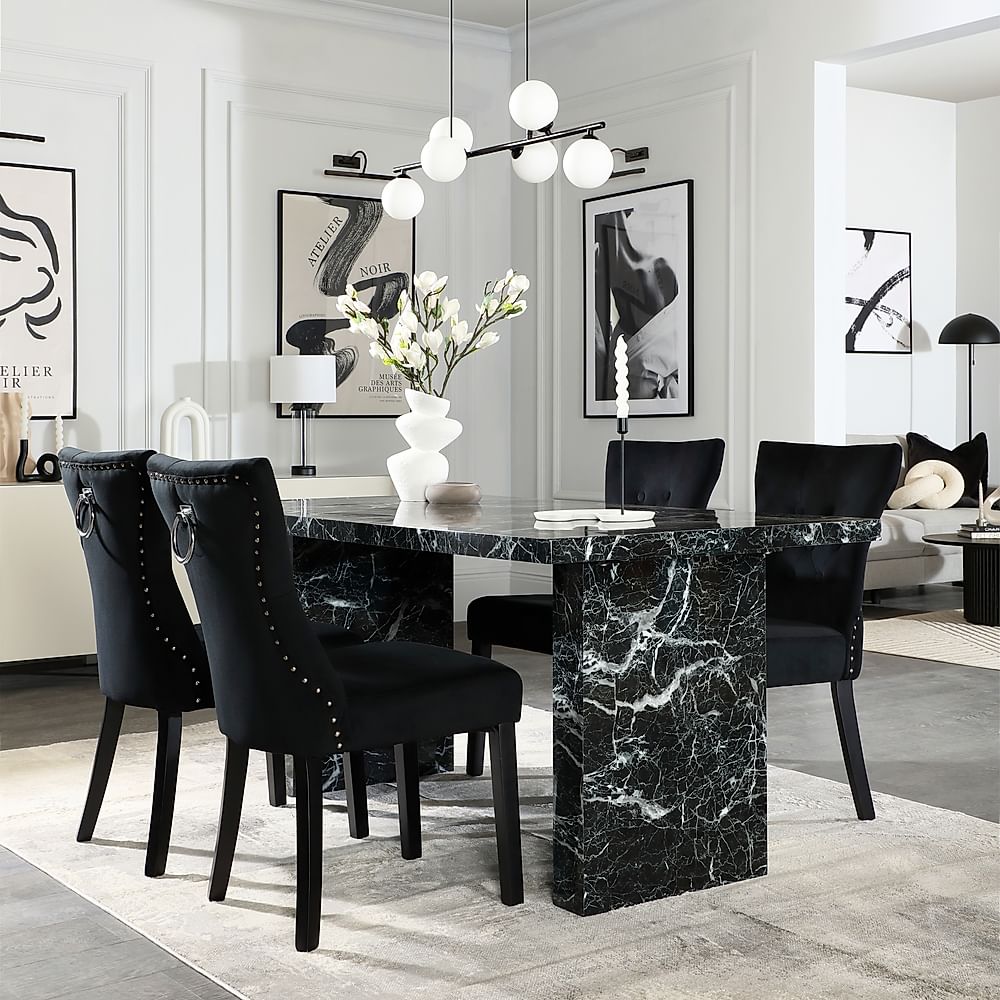 Caserta Dining Table & 4 Kensington Dining Chairs, Black Marble Effect, Black Classic Velvet & Black Solid Hardwood, 160cm