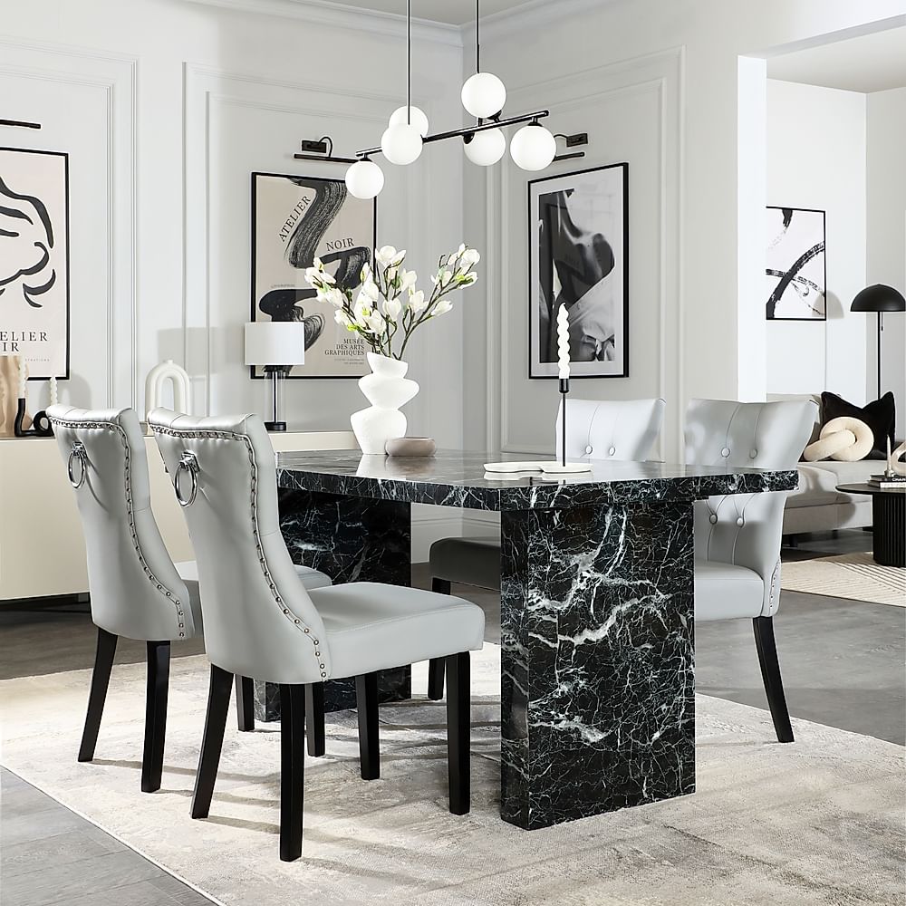 Caserta Dining Table & 4 Kensington Dining Chairs, Black Marble Effect, Light Grey Classic Faux Leather & Black Solid Hardwood, 160cm