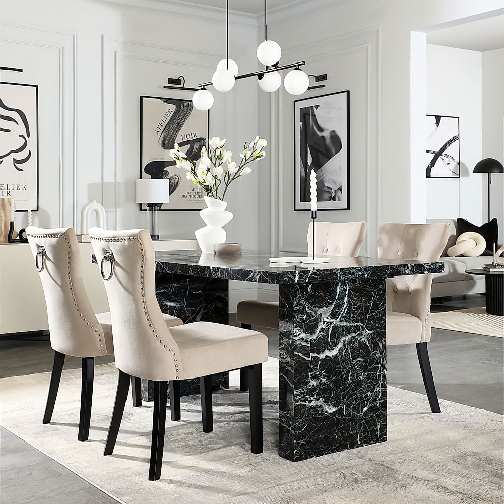 Caserta Dining Table & 4 Kensington Dining Chairs, Black Marble Effect, Champagne Classic Velvet & Black Solid Hardwood, 160cm