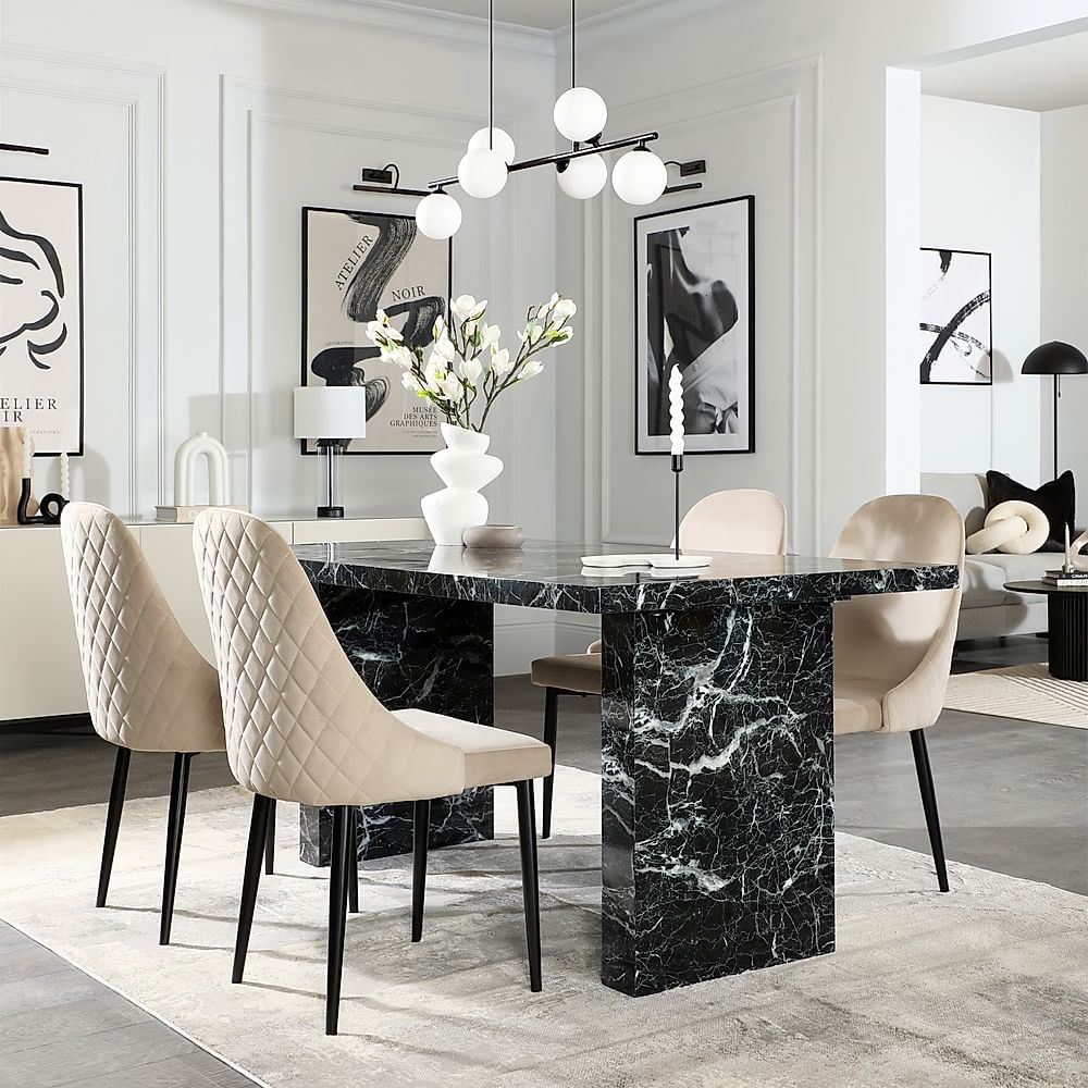 Caserta Dining Table & 4 Ricco Dining Chairs, Black Marble Effect, Champagne Classic Velvet & Black Steel, 160cm