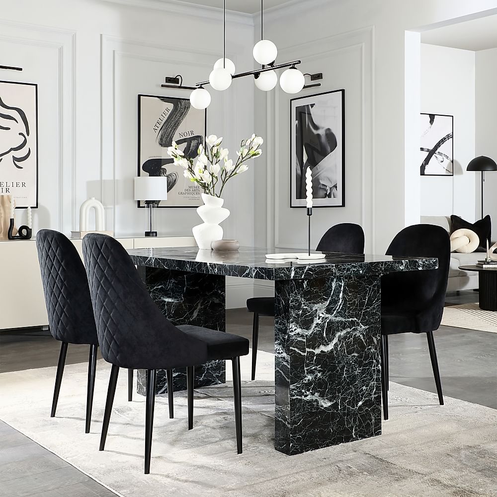 Caserta Dining Table & 4 Ricco Dining Chairs, Black Marble Effect, Black Classic Velvet & Black Steel, 160cm