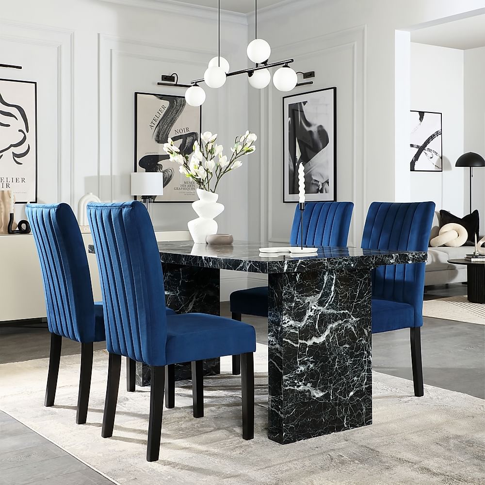 Caserta Dining Table & 4 Salisbury Dining Chairs, Black Marble Effect, Blue Classic Velvet & Black Solid Hardwood, 160cm