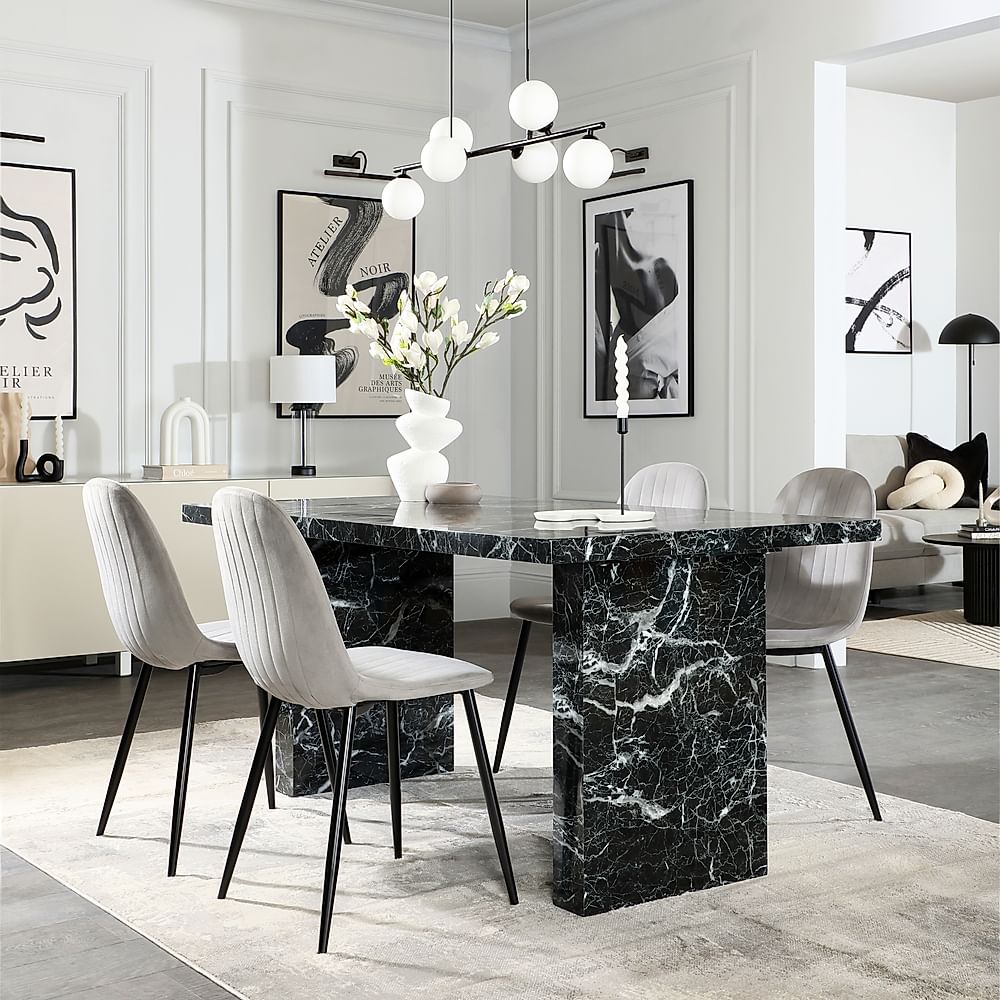 Caserta Dining Table & 4 Brooklyn Dining Chairs, Black Marble Effect, Grey Classic Velvet & Black Steel, 160cm