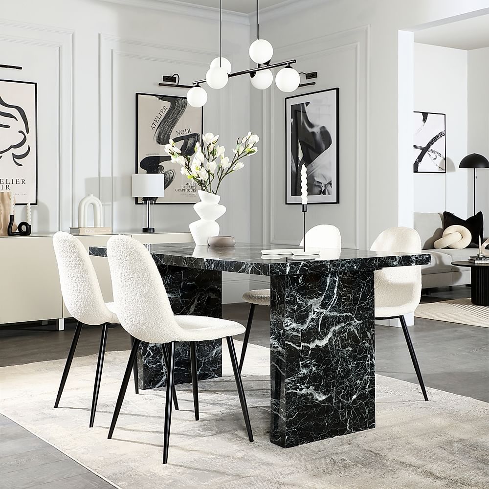 Caserta Dining Table & 4 Brooklyn Dining Chairs, Black Marble Effect, Ivory Classic Boucle Fabric & Black Steel, 160cm