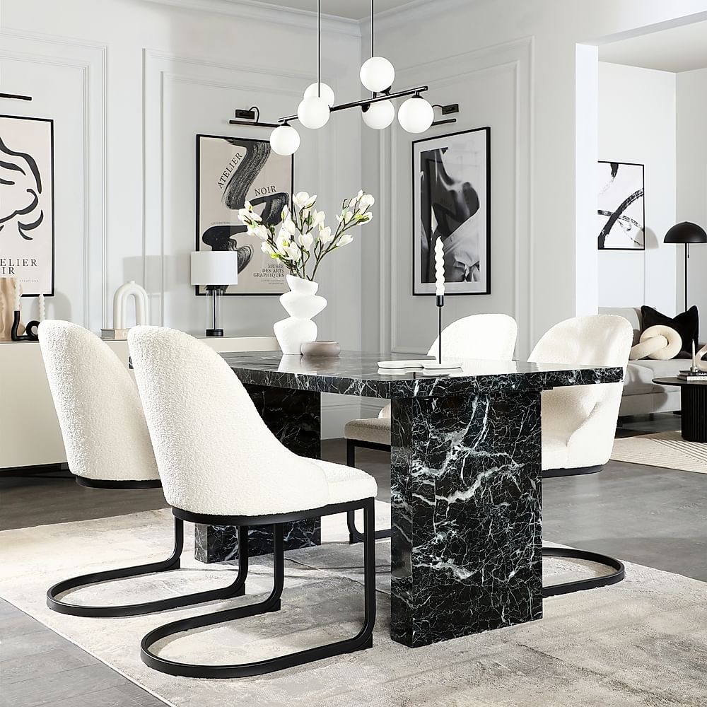 Caserta Dining Table & 4 Riva Dining Chairs, Black Marble Effect, Ivory Classic Boucle Fabric & Black Steel, 160cm